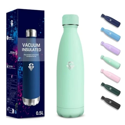 Imagen de Botella Agua Acero Inoxidable, 500 ml Libre de BPA, Termica, Aislamiento al Vacío Boble Pared, Cantimplora, 304 Cantimplora Termica para Escuela, Cámping Azul verde