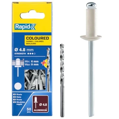 Imagen de Rapid Remaches de Aluminio Blanco Gran Resistencia, Ø4.8 x 12 mm 4 para Canalones, Tuberías y Chapa Incluye Taladro 50 Piezas (5001468)