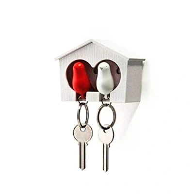 Imagen de TOPWAYS Llavero con diseño de casa pájaros y gorrión ganchos autoadhesivos, pájaro (pájaros blancos rojos)
