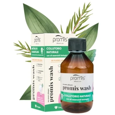 Imagen de promis wash enjuague bucal natural sin alcohol y flúor con vitaminas A, C E Para encías sensibles Vegano Etiqueta ecológica AIAB Aceites esenciales ecológicos Envase reciclable