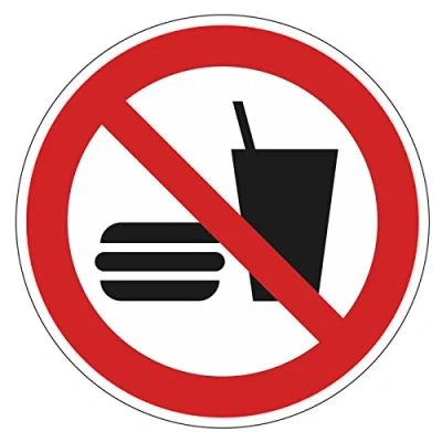 Imagen de &#039;prohibición pegamento EN &quot;P022: comida y bebida Prohibido, 9 cm de diámetro, número referencia Hin 139, DIN ISO 7010, Nota