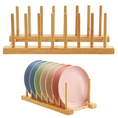 Imagen de HonGien 2 Piezas Escurridor de Platos Bambú, Soporte Plato Madera Rack Almacenamiento Bambú para Tazón Almacenamiento, Vajilla, Tazas, Tabla Cortar, CD, Libros