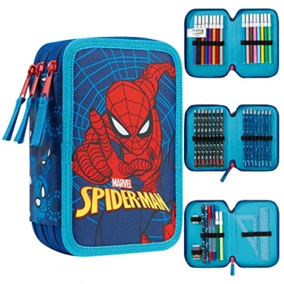 Imagen de Marvel Estuche Escolar con Artículos de Papelería Niño Material Incluye Lápices para Colorear, Rotuladores Colores y Más Cosas (Spiderman Triple Zip)