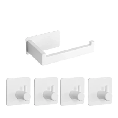 Imagen de Portarrollos de papel higiénico sin agujeros, autoadhesivo, soporte acero inoxidable, para rollos con 4 ganchos adhesivos,