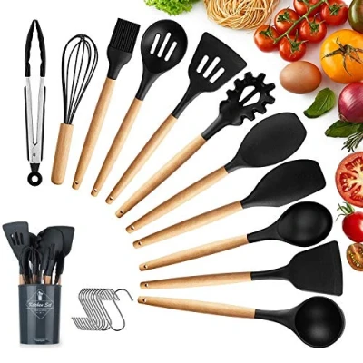 Imagen de KagoLing Utensilios Cocina de Silicona, Juego Resistentes al Calor y Antiadherentes con Mango Madera 12 Piezas+10 S Ganchos para (Negro)