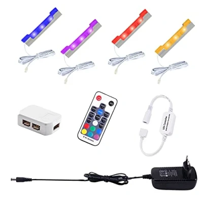 Imagen de AIBOO LED Luz de Escaparate RGB, Equipo Iluminación para Estantes Vidrio con Control Remoto RF, Luces Clip Largo Intensidad Variable,Tiras Ultrafinas Encimera(Paquete 4)
