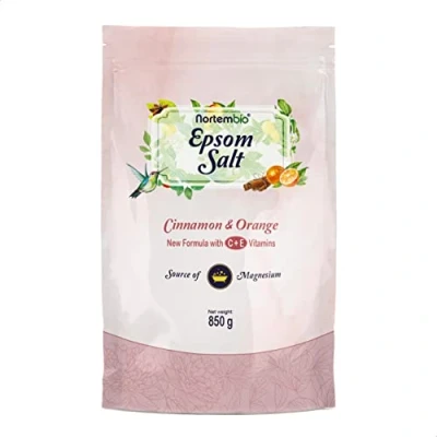 Imagen de Nortembio Sal de Epsom 850 g. Fragancia Canela Naranja. Baño Hidratada con Vitamina C y E. Relajación Músculos, Aromaterapia Buen Sueño. E Book Incluido.