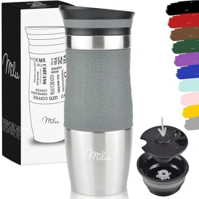 Imagen de Milu Taza aislante de café y té para llevar 370ml 450ml 100% a prueba fugas acero inoxidable beber vaso aislamiento al vacío Caliente frío (Gris, 370ml)