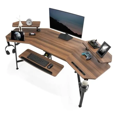 Imagen de EUREKA ERGONOMIC Mesa Gaming LED 182x76 cm Escritorio para Ordenador en Forma de ala con Bandeja Teclado,Ajustable Eestante Monitor, Alfombrilla Ratón