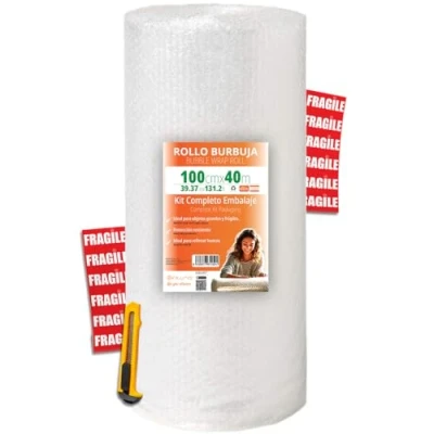 Imagen de OFITURIA Papel burbujas Embalaje 100cm x 40m kit completo con Cutter + 12 Etiquetas FRÁGIL para mudanza, embalaje, plástico de