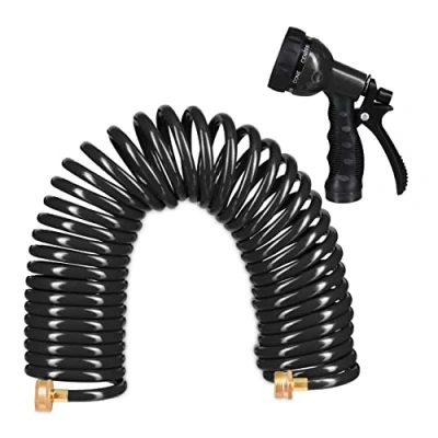 Imagen de Relaxdays Manguera Espiral, Extensible hasta 10 Metros, Manga de Jardín con Pistola Riego, 7 Tipos Chorro, Negro, 25 x 52 15 cm