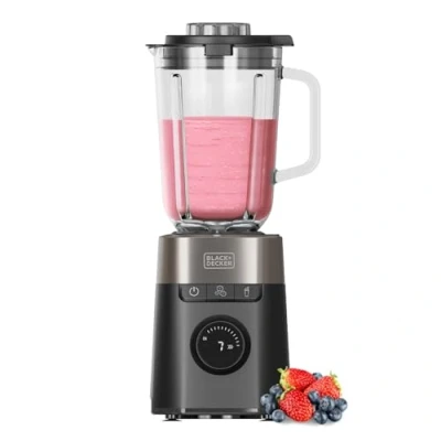 Imagen de Black+Decker Batidora de Vaso BXJB1201E 2200W Jarra Cristal 2.2L 8 Velocidades 6 Cuchillas Acero Inoxidable Función Pulse, Smoothie y Pica Hielo Pantalla LED Sistema Seguridad