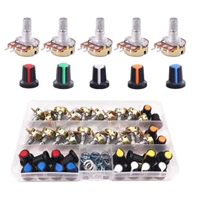 Imagen de Potenciómetro Kit Lineal Cónico Rotativo B5K B10K B20K B50K B100K B250K Ohm 3 Terminales B Tipo Estéreo Audio con Perilla(22Pcs)