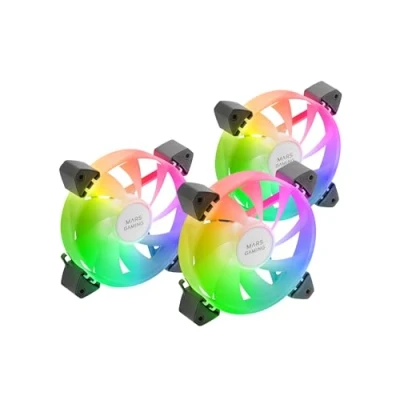 Imagen de Mars Gaming MF 3A, Kit 3x Ventiladores FDB Ultrasilenciosos 120mm, Iluminación ARGB Rainbow 360º Sin Marco, Ventialdores 3en1 con Compatibilidad Total ARGB, Doble Conector Macho + Hembra, Negro