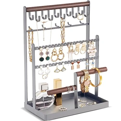 Imagen de Procase Soporte para Joyas, Organizador Pendientes,Cadenas, Pulsera, Colgante y Expositor con Agujeros Estante de Joyería Gris