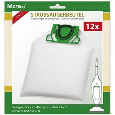 Imagen de McFilter 12 bolsas de aspirador adecuadas para aspiradores Vorwerk Kobold VK200 VK 200 bolsa microfibra 5 capas con disco cubierta plástico y práctico cierre bisagra