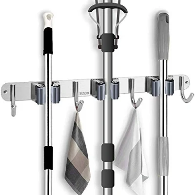 Imagen de Soporte para Escobas Acero Inoxidable Colgador de Fregonas 3 Posiciones y 4 Ganchos Hogar Cocina Garajes