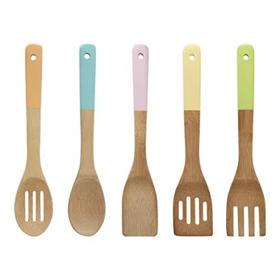 Imagen de Premier Housewares Juego de utensilios cocina con asas en tono pastel, bambú, multicolor, 5 piezas
