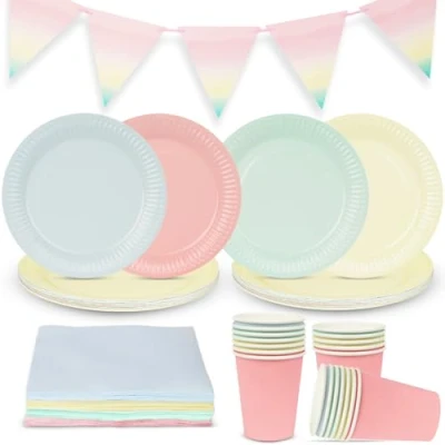 Imagen de Talking Tables Decoraciones de fiesta en tonos pastel para 16 invitados, cumpleaños, té la tarde, artículos fiestas, baby shower, platos papel, servilletas desechables, vasos, manteles