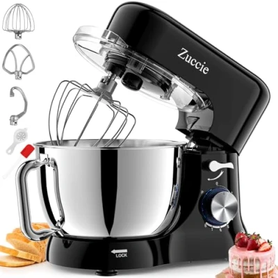Imagen de Batidora Amasadora, Zuccie 5L Robot de Cocina Batidora, 1000W Procesador Alimentos con Batidor, Gancho, Tazón Acero Inoxidable y Protector Contra Salpicaduras, 8+P Velocidades (Negro)