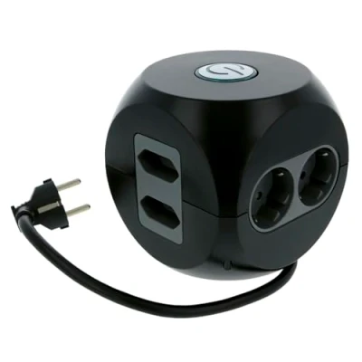 Imagen de Amig Base Múltiple de Sobremesa con Interruptor Mod.5540 6 Enchufes + 2 Tomas USB, Regleta Forma Cubo Protección Sobretensión, Medidas: 12 x cm, Voltaje Máx: 250 V, Negro