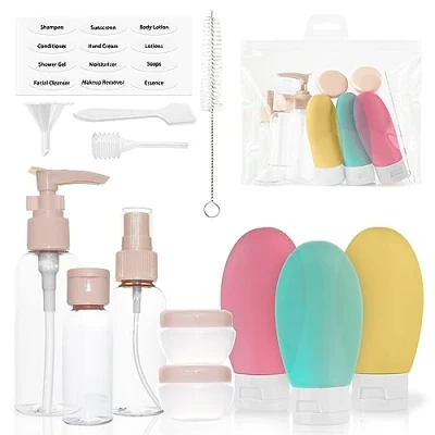 Imagen de MyGadget Kit Viaje Avion [14 piezas] Botes y Frascos para rellenar liquidos Botellas cosméticos Set Toiletries de plastico viajar