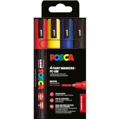 Imagen de Uni Ball 182545 Juego de rotuladores POSCA, 4 acrílicos PC 5M, rotulador permanente 1,8 2,5 mm punta redonda