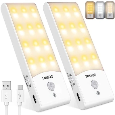 Imagen de TNMOO Luz Armario Sensor Movimiento, [2 PCs con 48LED] Nocturna Recargable, Luces LED Movimiento 3 Modoes, 15% 100% Brillo, para Armario, Cocina, Escaleras, Pasillo, Garaje