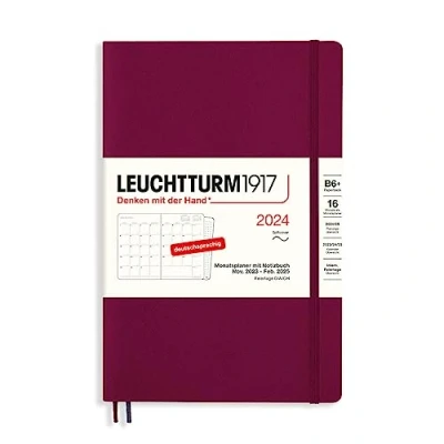 Imagen de LEUCHTTURM1917 367578 Paperback (B6+) 2024 Planificador mensual y cuaderno (16 meses, tapa blanda, Port Red, alemán)