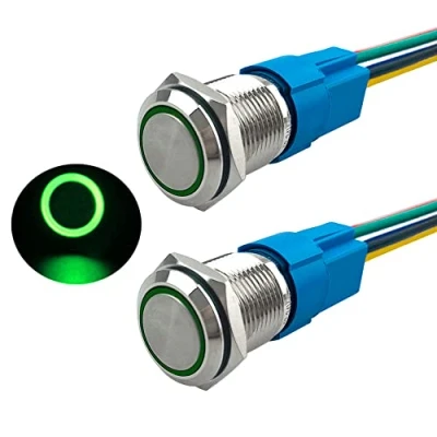 Imagen de Aiqeer 2 Piezas 16 mm Interruptores de Botón Momentáneo, 12V / 24V 5A Interruptor LED Verde, Pulsador Metálico Impermeable, con Enchufe Precableado