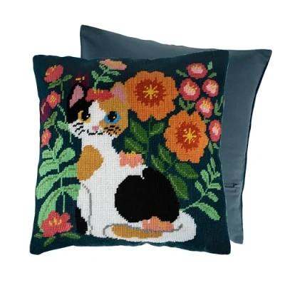 Imagen de Trimits Kit de cojín punto cruz, parte trasera incluida, lienzo preimpreso, hilo y aguja incluidos, 40 x cm, gato