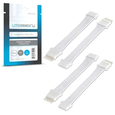 Imagen de Litcessory Conector de Esquina Flexible/Cable Extensión para Philips Hue Lightstrip Plus (50mm, 4 Unidades, Blanco MICRO 6 PINES V4)