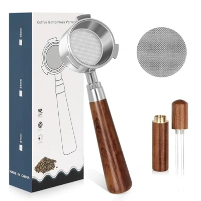 Imagen de Sindax portafiltro sin fondo de 51 mm con pantalla acero inoxidable, mango madera, para Delonghi Dedica EC680, EC685, cesta filtro, colador café espresso, WDT Tool