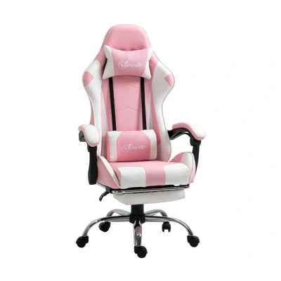 Imagen de Vinsetto Silla Gaming Reclinable Gamer Giratoria con Reposacabezas Reposapiés Cojín Lumbar Altura Ajustable para Oficina Estudio 64x67x119 127 cm Rosa