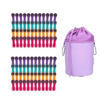 Imagen de trendfinding 96 pinzas para la ropa con muelles de compresión, acero inoxidable, tacto suave, 1 bolsa ropa, color lila y gris