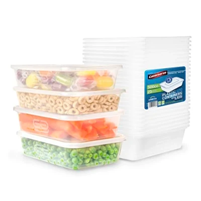 Imagen de Paquete de 25 recipientes plástico reutilizables con tapas (500 ml) para almacenamiento alimentos y preparación comidas, aptos microondas lavavajillas, sin BPA reciclables