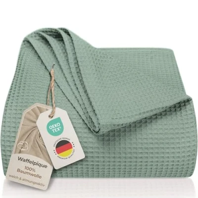 Imagen de LAYNENBURG Manta para sofá Verano 180 x 220 cm Waffle Pique 100% algodón cocha Ligera de como Cama, aireada (Verde Menta)