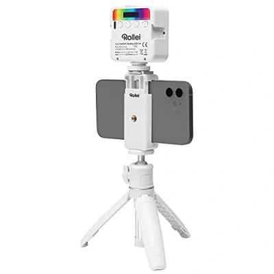 Imagen de Rollei Comfort Desktop LED Set en Blanco, Mini trípode con luz de vídeo RGB, Cabezal esférico y Soporte para Smartphone, Ideal Vloggers Bloggers