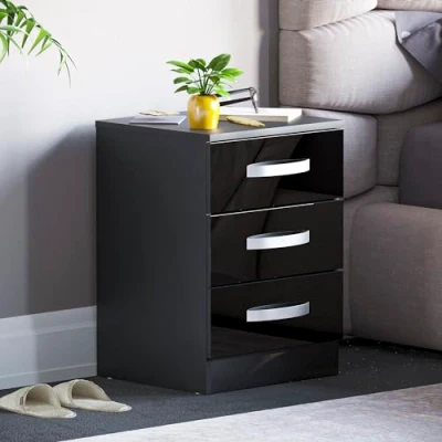 Imagen de Vida Designs Mesitas de noche alto brillo (Negro, 3 cajones)