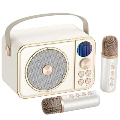 Imagen de Karaoke BESCOST, 2 Microfonos Inalambricos, Profesional Infantil, Soporte Bluetooth, Tarjeta TF, AUX, Disco U, Altavoz Efectos Cambiador de Voz Ideal para Boda, Fiesta/KTV, Viaje
