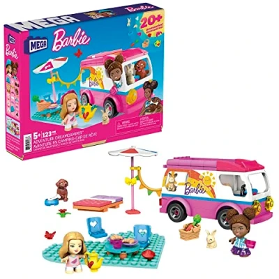 Imagen de Mega Construx Barbie Supercaravana de aventuras, muñecas y coche juguete bloques construcción con accesorios (Mattel GWR35)