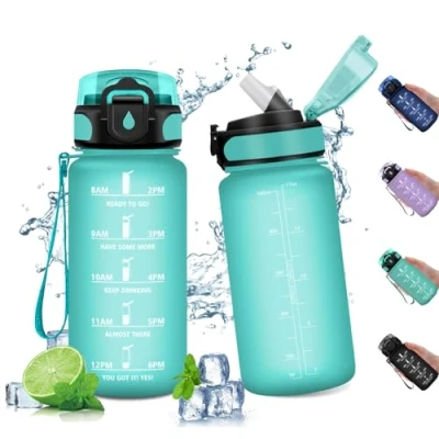 Imagen de Botella Agua Fitness 500ml, de con Pajita, Marca Tiempo, Reutilizable, Deportiva Prueba Fugas, Cantimplora para Niño, Gimnasio, Cámping, Gym