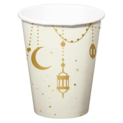 Imagen de Folat 24893 Eid Mubarak Vasos Oro Blanco 250 ml 8 piezas Ramadán Decoración con Clásico Estrellas Luna para Al Fitr y Adha