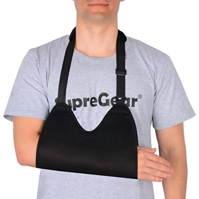 Imagen de supregear Brazo Eslinga, Inmovilizador de Hombro Malla Ajustable para Ducha Soporte Médico Transpirable el Codo del Mujeres Hombres, se Adapta al Izquierdo / Derecho, Negro