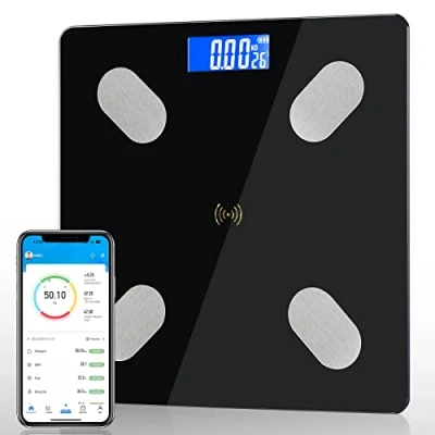 Imagen de Diboniur Bascula de Baño Digital Precision Inteligente, Balanza Peso Corporal para IOS y Android, con 12 Indicadores Peso, Grasa Corporal, Muscular (Negro)