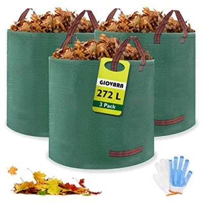 Imagen de GIOVARA 3 x 272L bolsas de basura jardín, resistentes al agua, grandes con asas, plegables y reutilizables