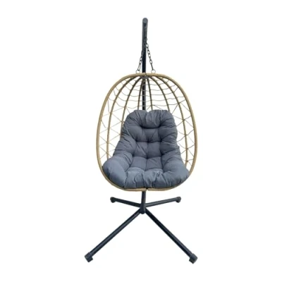 Imagen de YOEVU Silla Colgante con Soporte y Cojín Acolchado Tipo Columpio Estilo Boho, Estructura Reforzada, Resistente al Agua, para Jardín, Terraza, Balcón o Interior, Confort Diseño (Gris Beige)