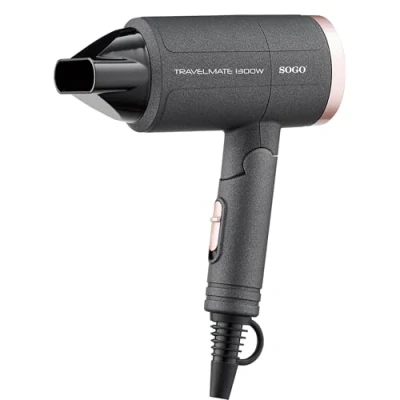 Imagen de SOGO Secador de Pelo Plegable Profesional 1300W para Viajes con 2 Velocidades, Temperaturas, Motor DC, Cable 1.8m, Filtro Desmontable Color Negro (SS 3620)