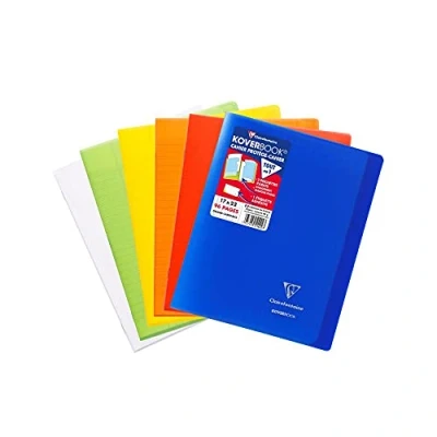 Imagen de Clairefontaine 951460AMZC Lot de 6 Cahiers Agrafés Koverbook 17x22 cm 96 Pages Grands Carreaux Papier Blanc 90 g Couverture Polypro (Bleu Marine, Vert, Rouge, Jaune, Orange, Incolore)