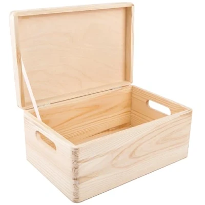 Imagen de Creative Deco caja de almacenamiento madera, 30 x 20 14 cm (+/ 1 cm) sin pintar Tapa y asas madera recuerdo Navidad maleteros Bruto pulir